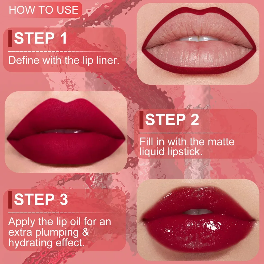 3 PC Rose Pink Matte ลิปสติกชุดกันน้ํา Long-Lasting Nude สีน้ําตาล Lip Liner ดินสอลิปกลอส Cheek Lip Tint Oil Kit สําหรับแต่งหน้า