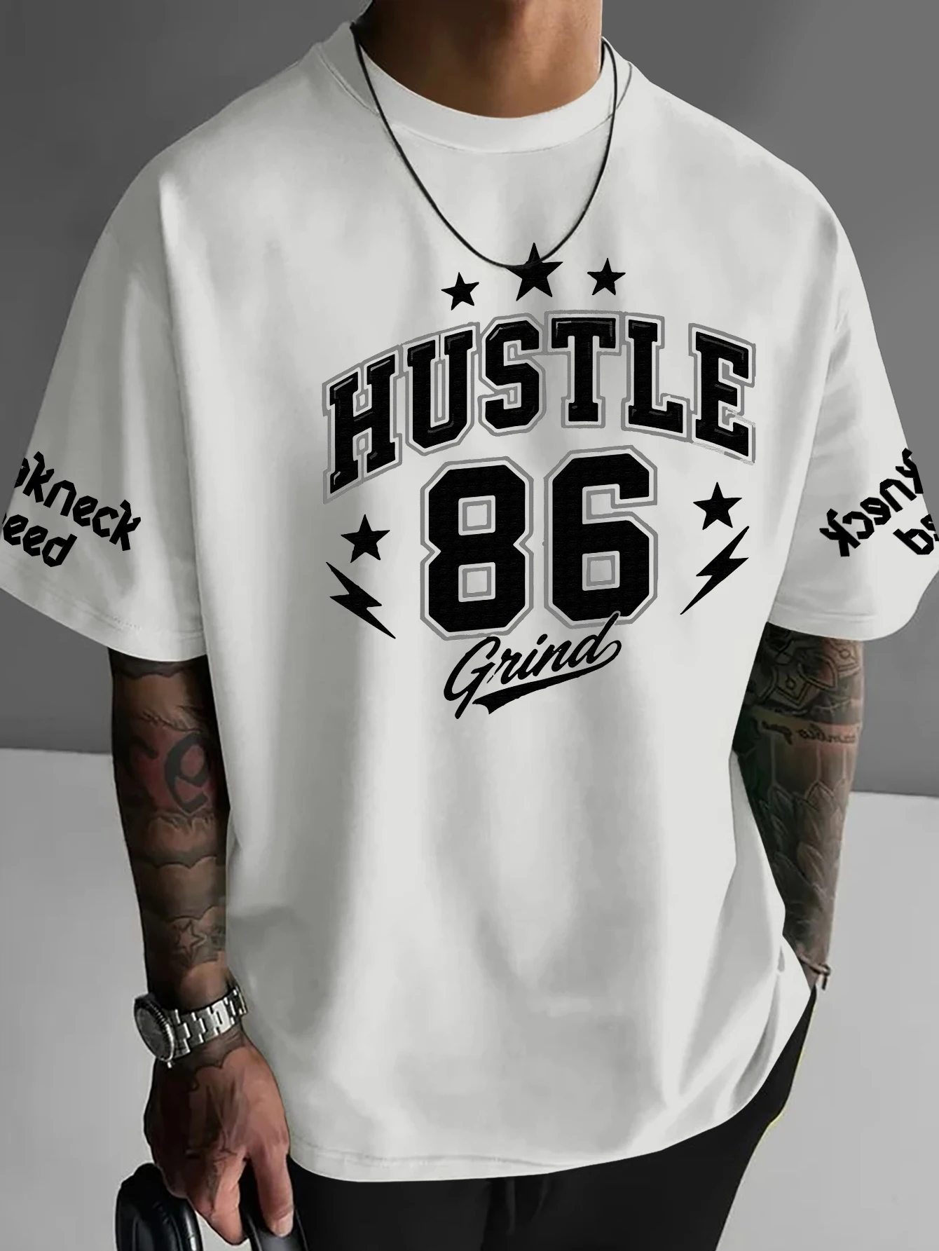 Men Oversized Hustle 86 Sleeve Print T-shirt 100% Polyester Varsity Motivational Loose Unisex Summer Casual Top