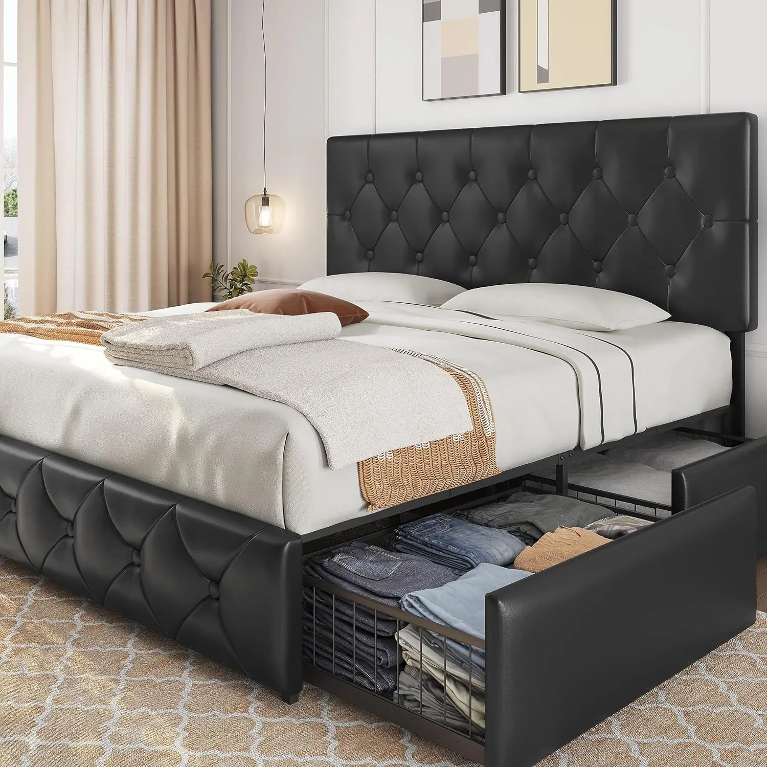 

Yaheetech King Size Upholstered Bed Frame with 4 Drawers and Adjustable Headboard, Faux Leather Platform Bed with Mattress
