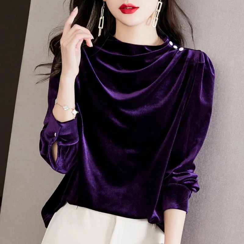 French Style Vintage Half High Collar Blouse Women\'s Clothing Basic Solid Color Autumn Winter Velvet Fashion Folds Button Shirt