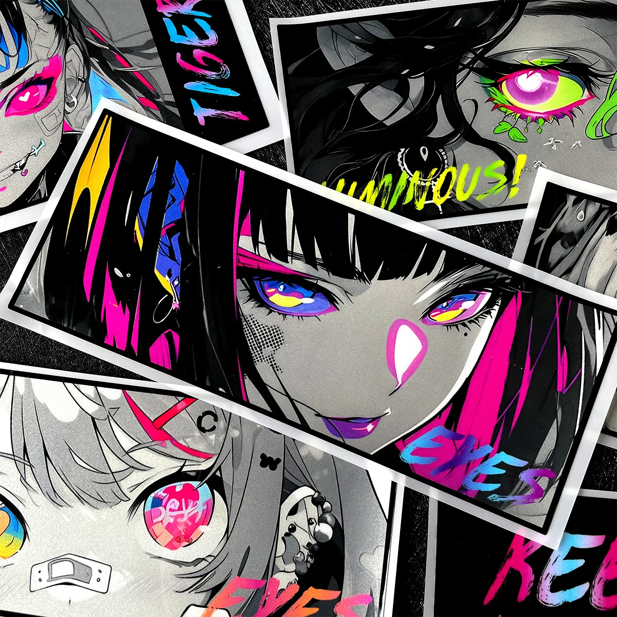 

1 шт. водонепроницаемая неоновая виниловая наклейка с аниме-глазами, 6 стилей, доступных для украшения автомобиля, мотоцикла, шлема