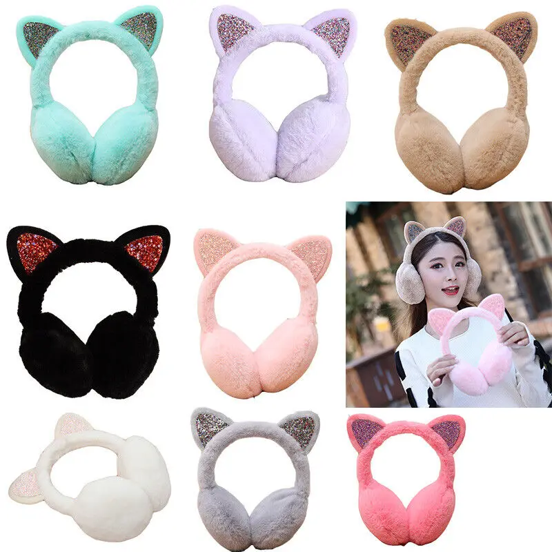 New Cute Sequin Cat Ear Earmuffs Student Ear Warm Cover Outdoor Ear Protection Thickened Winter Female Plush Folding Earflap