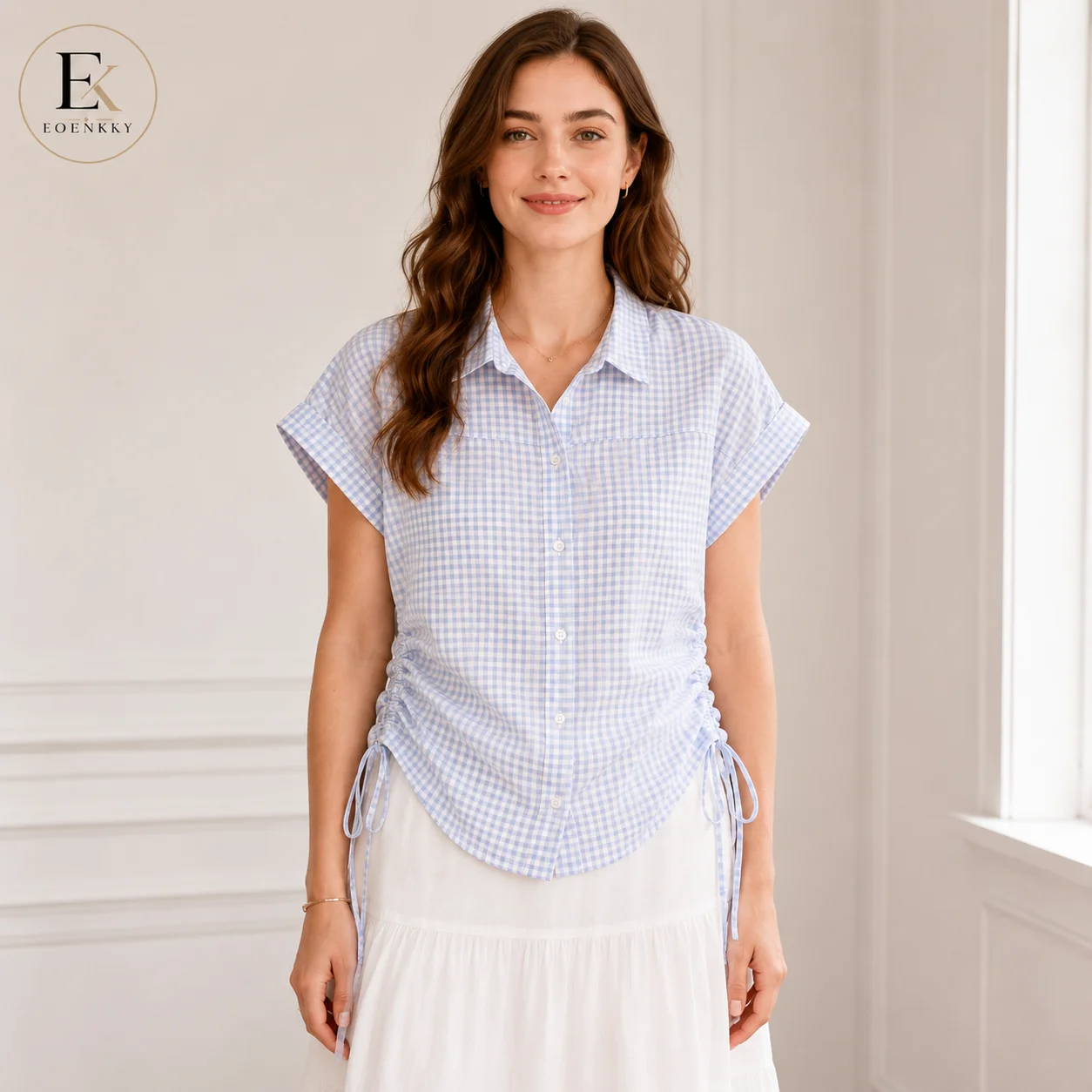 EOENKKY Women Plaid Gingham Shirt Summer Short Sleeve Button Down Blouse Side Drawstring Ruched Waist Polo Collar Casual Top S-X