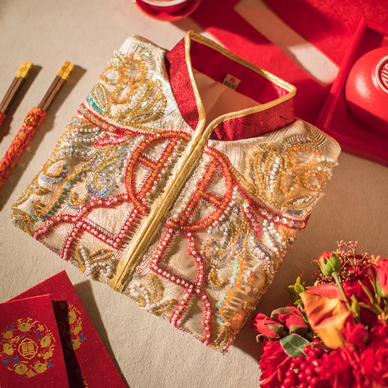 

Chinese Style Wedding Clothes Golden Dragon And Phoenix Gown Men's Tang Suit New Groom Pickup Service Marital Happiness Clothing