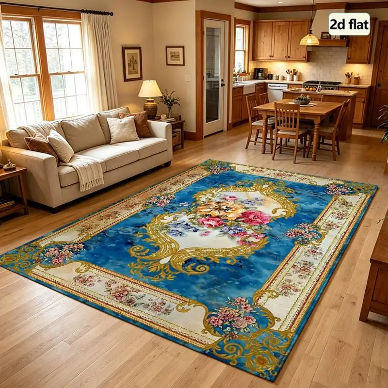 1PC Vintage Blue Floral Gold Decorative Area Rug Rugs Living Large Carpet For Bedroom Laundry Room Rug Washable Rug Small Eclectic Home Decor Bedroom Entryway Living Room