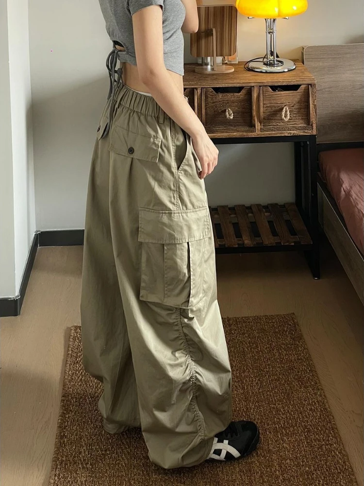 Deeptown Khaki Vintage Women's  Cargo Pants Pockets Wide Leg Korean Fashion Straight Trousers Baggy Casual Hip Hop Streetwear
