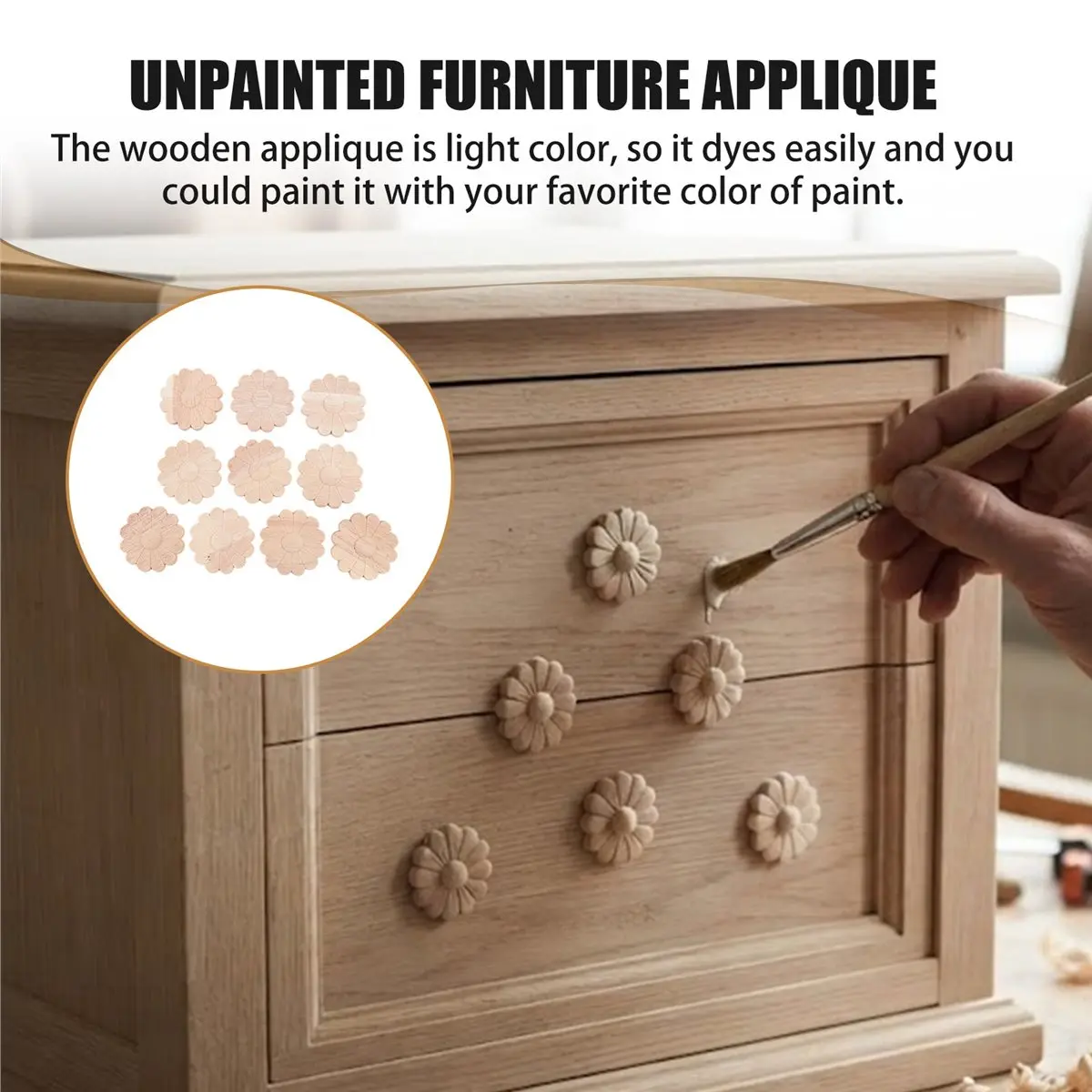 ABQX 10Pcs Unpainted Round Flower Pattern Wood Carved Applique Frame Onlay Cabinet Furniture Decoration 6cm