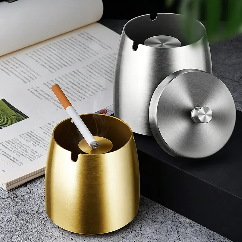 Stainless Steel Ashtray with Lid Outdoor Ashtrays for Patio Titanium-plated Windproof Car Interior Ash Waste Receptacle Thicker