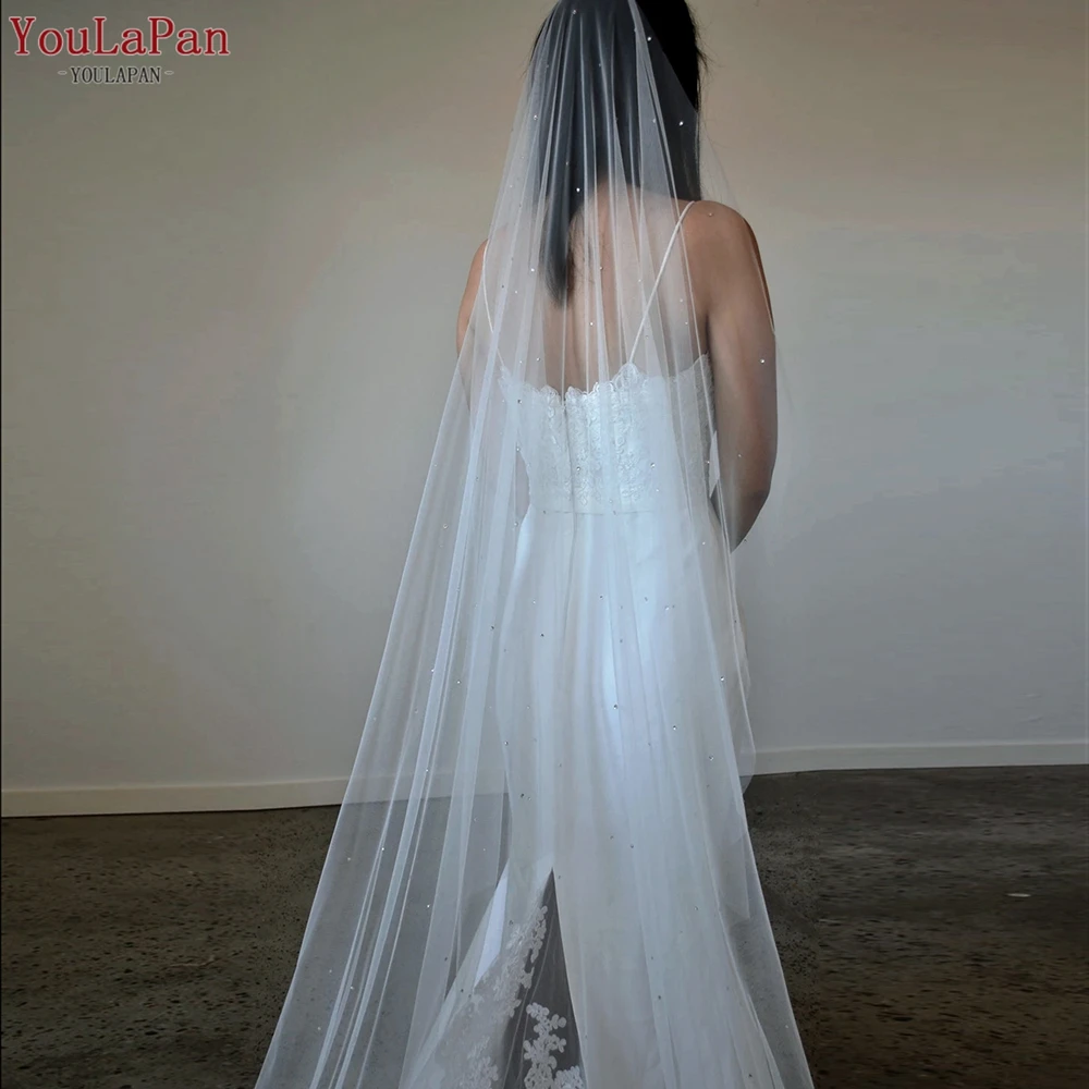 

YouLaPan V71a Promotional High Quality Nylon Tulle Bridal Transparent Wedding Veil Shiny Rhinestone Single Layer Veil