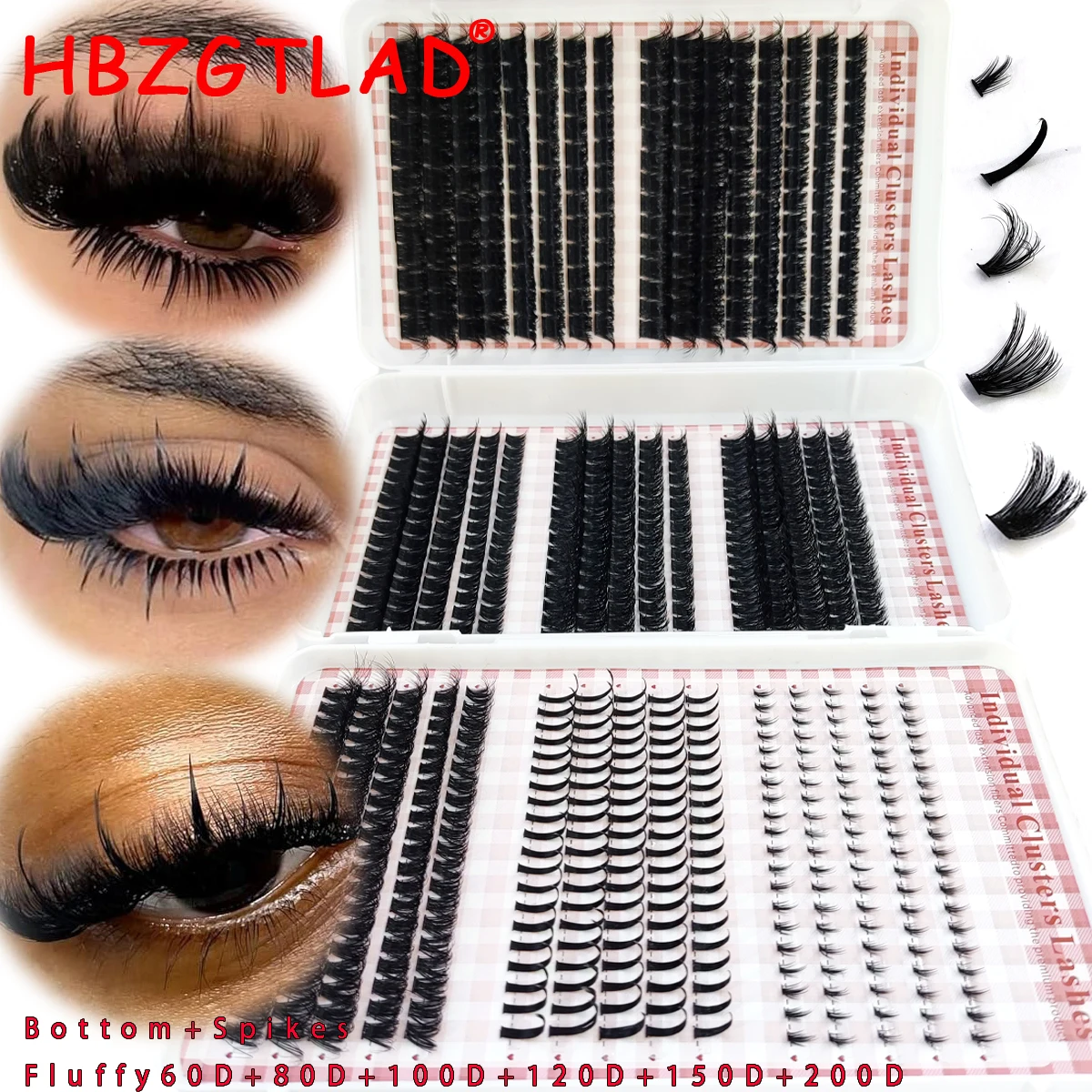 HBZGTLADNew Fluffy Lash Cluster Lash 200D-60D Bottom+Thorn Cluster Fairy Manga Lash Cluster Extended Lash Cluster with Spike eye