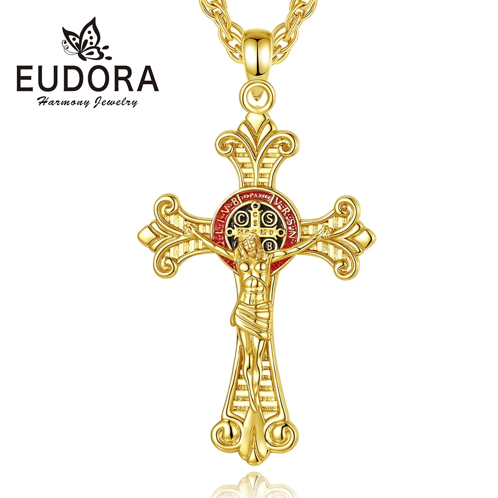 

Eudora Copper Jesus Crucifix Cross Necklace St. Benedict Pendant Christian Amulet Religious Jewelry Festival Gift for Men Women