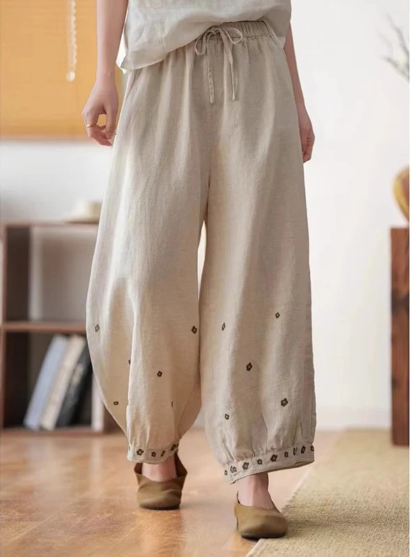 

Ретро-брюки из хлопка и льна с вышивкой, широкие, свободного кроя, с завязками на талии, повседневные, утягивающие, длиной 7/8