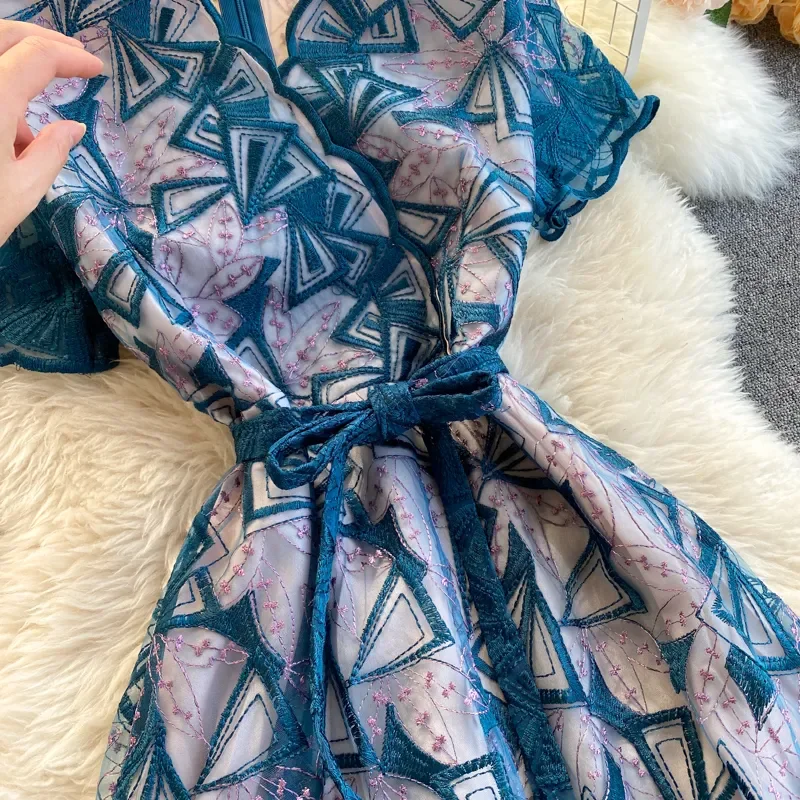 New Vintage Floral Embroidered Short Sleeve Blue Mesh Dress Women Elegant Wavy Edge V Neck Lace-Up Boho Lace Embroidery Vestidos