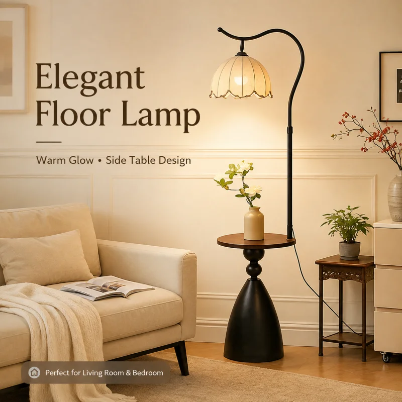 Vintage-Style Floor Lamp: Arched floor lamp featuring a hanging shade and a solid wood tabletop; suitable for living rooms, bedrooms, and studies (bulb not included).