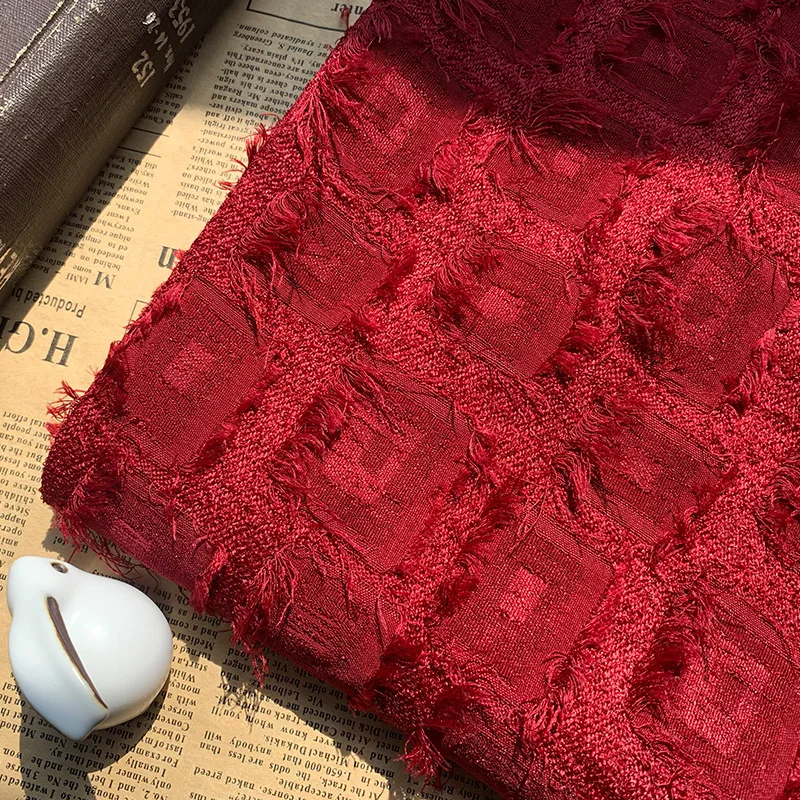 

Jacquard Cut Out Fringe Fabric Look Peony Checkered Stripe Spring Summer Loose Blouse Shirt DIY Material Womens Apparel Textile