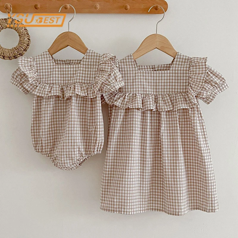 Summer Sweet Newborn Baby Girls Grid Jumpsuit Toddler Baby Girls Short Sleeves Kids Princess Dress Girls Sister Clothes