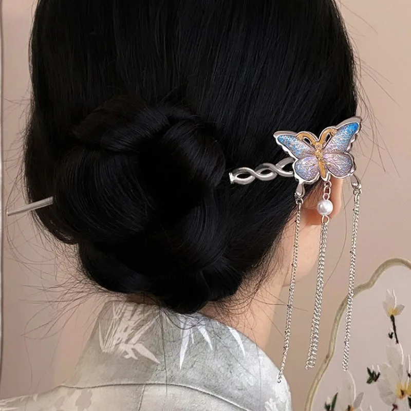 Retro Chinese Style Tassel Hair Stick for Women Butterfly Pearl Elegant Hairpins Charm Jewelry Hair Styling Accessories Ornament
