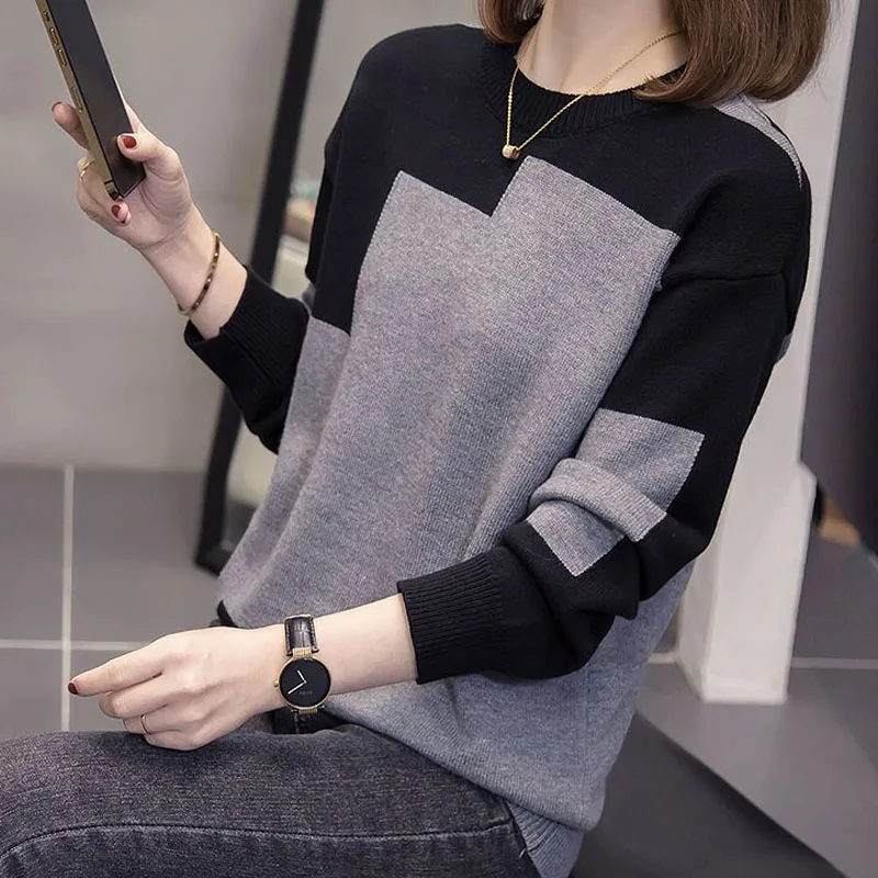 New Autumn Winter Fashion Loose Fit Large Round Neck Colored Versatile Western Casual Women's Knitted Long Sleeve Sweater