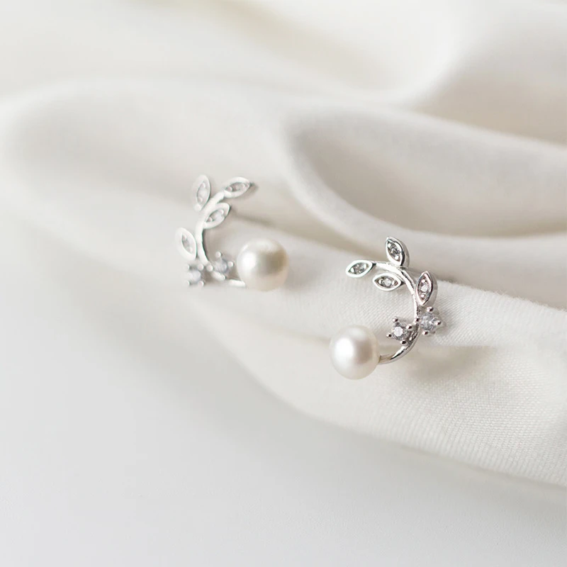 Pendiente Modian de hojas de olivo para mujer, moda de Plata de Ley 925, elegante Pin de oreja de perla, accesorios de joyería fina
