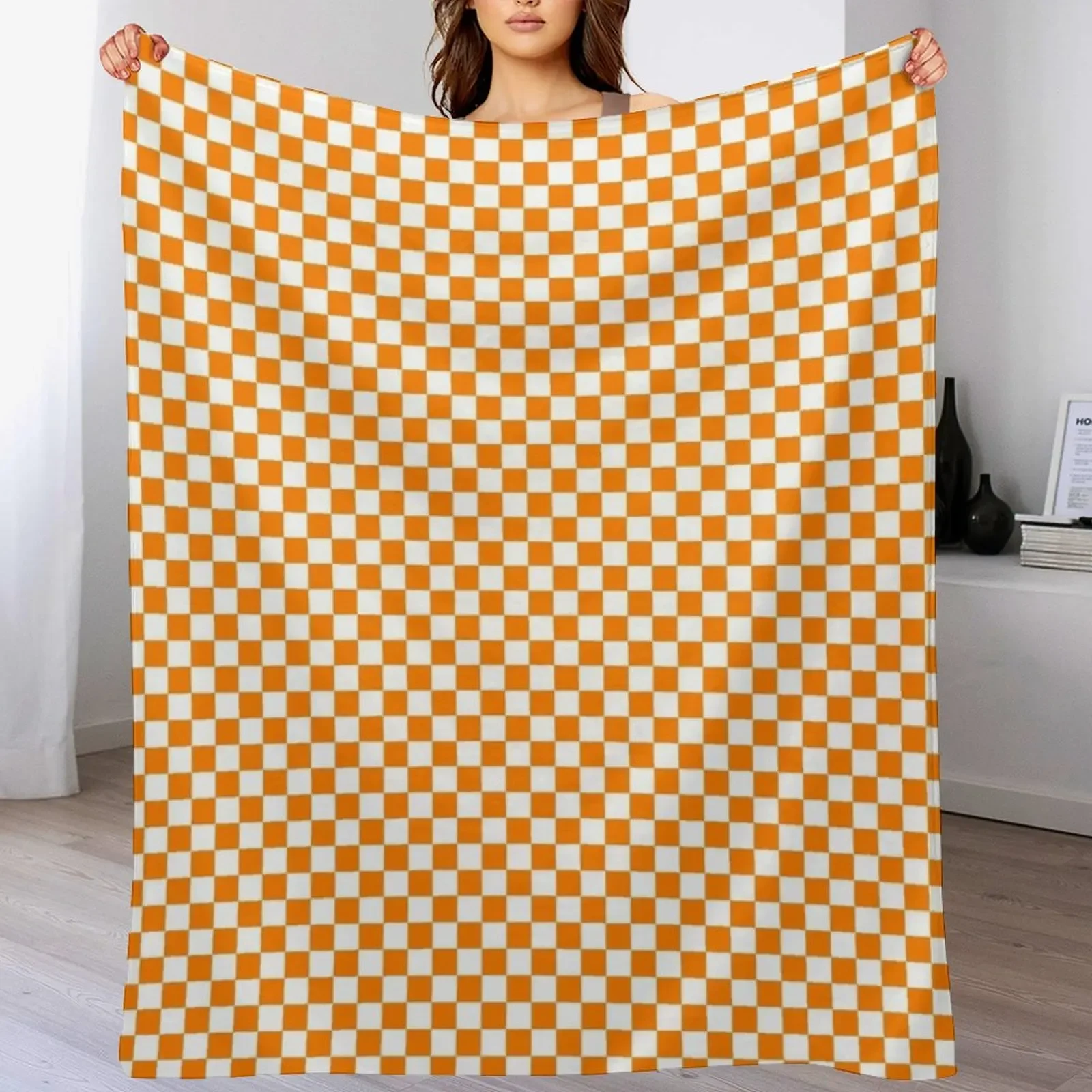 Orange and White Checkerboard Throw Blanket Soft Comfort Blanket for Reading Watching TV