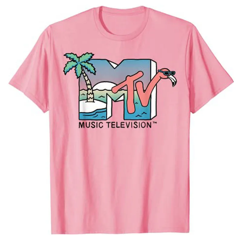 MTV Beach Island Flamingo Logo Vintage Graphic T-Shirt Men\'s Fashion Apparel with Checkerboard - #TBT Males 1980\'s Clothing