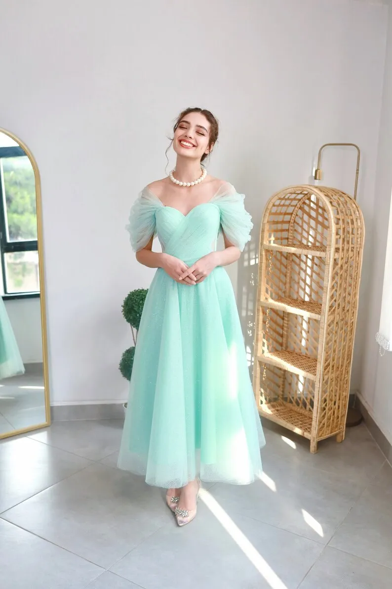 Off the Shoulder Tulle Evening Gowns A-line Tea-Length Long Party Dress Pleated Criss-Cross Lace Up Sparkly Graduation Dresses