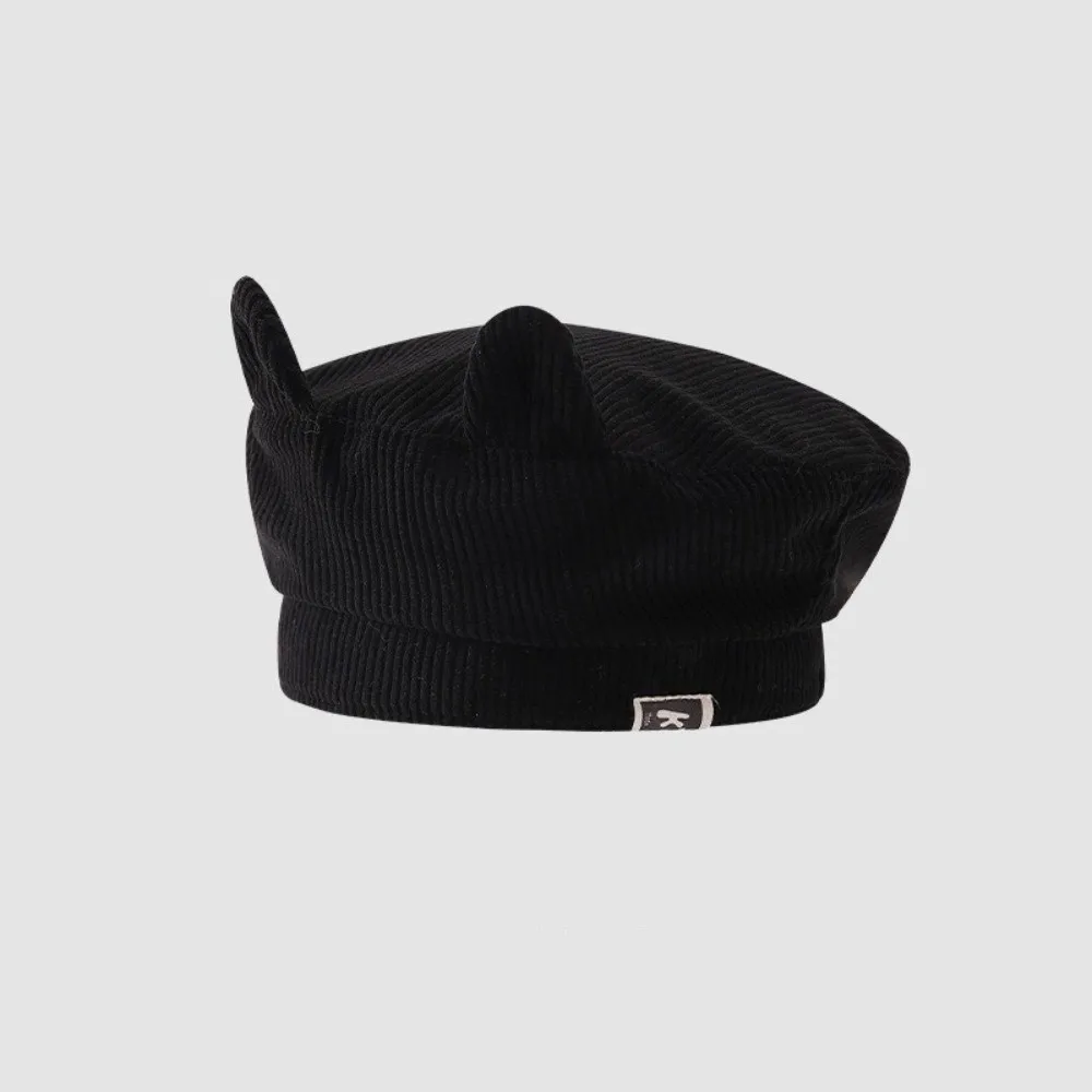 Topi Baret Kawaii Lucu Bahan Corduroy Korea Model Flat Top dengan Telinga Kucing untuk Anak Laki-laki dan Perempuan, Topi Lidah Bebek Manis untuk Musim Semi dan Gugur