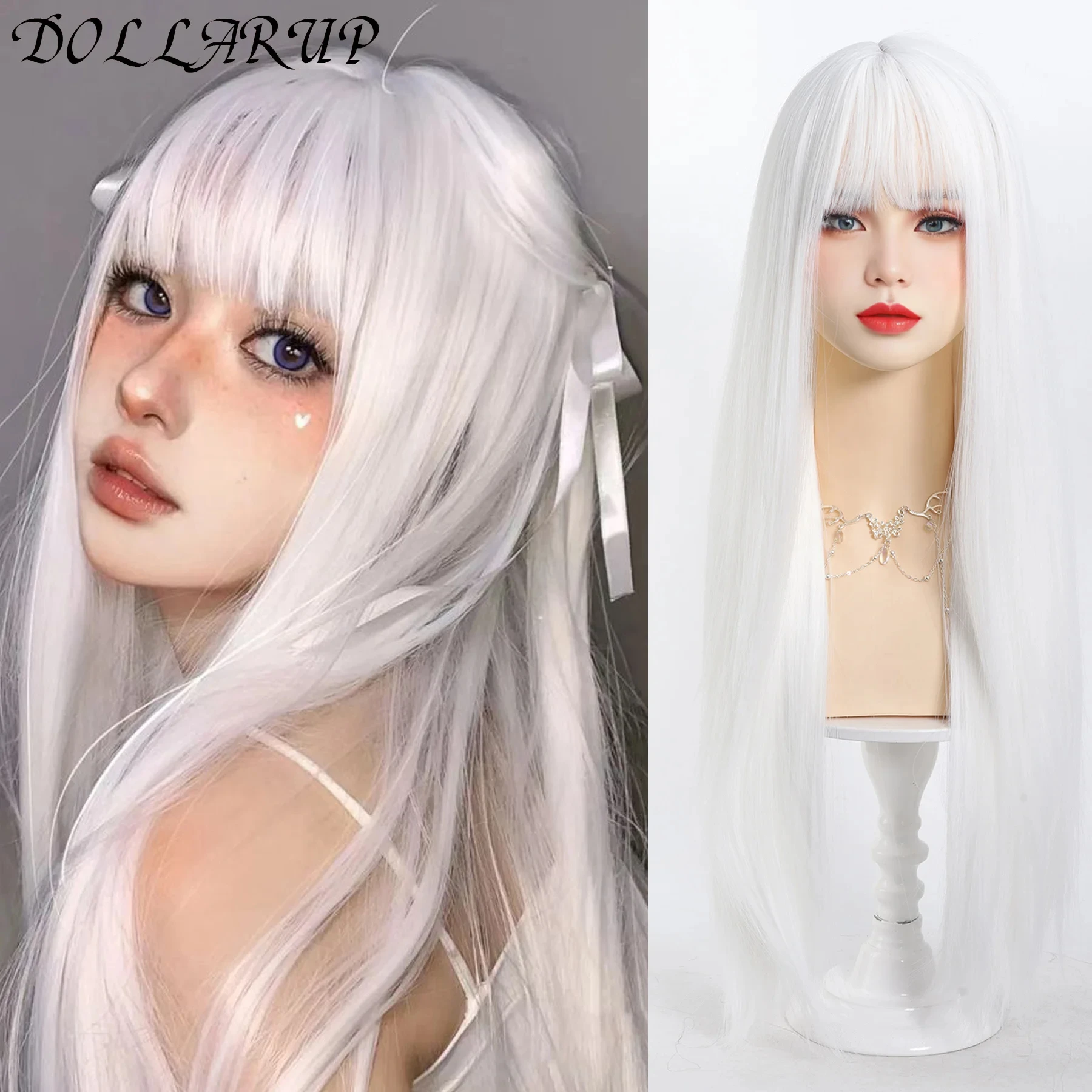 

JKL White Long Straight Synthetic Wigs for Women Colorful Cosplay Party Fake Hair with Bangs White Wig HighTemperature