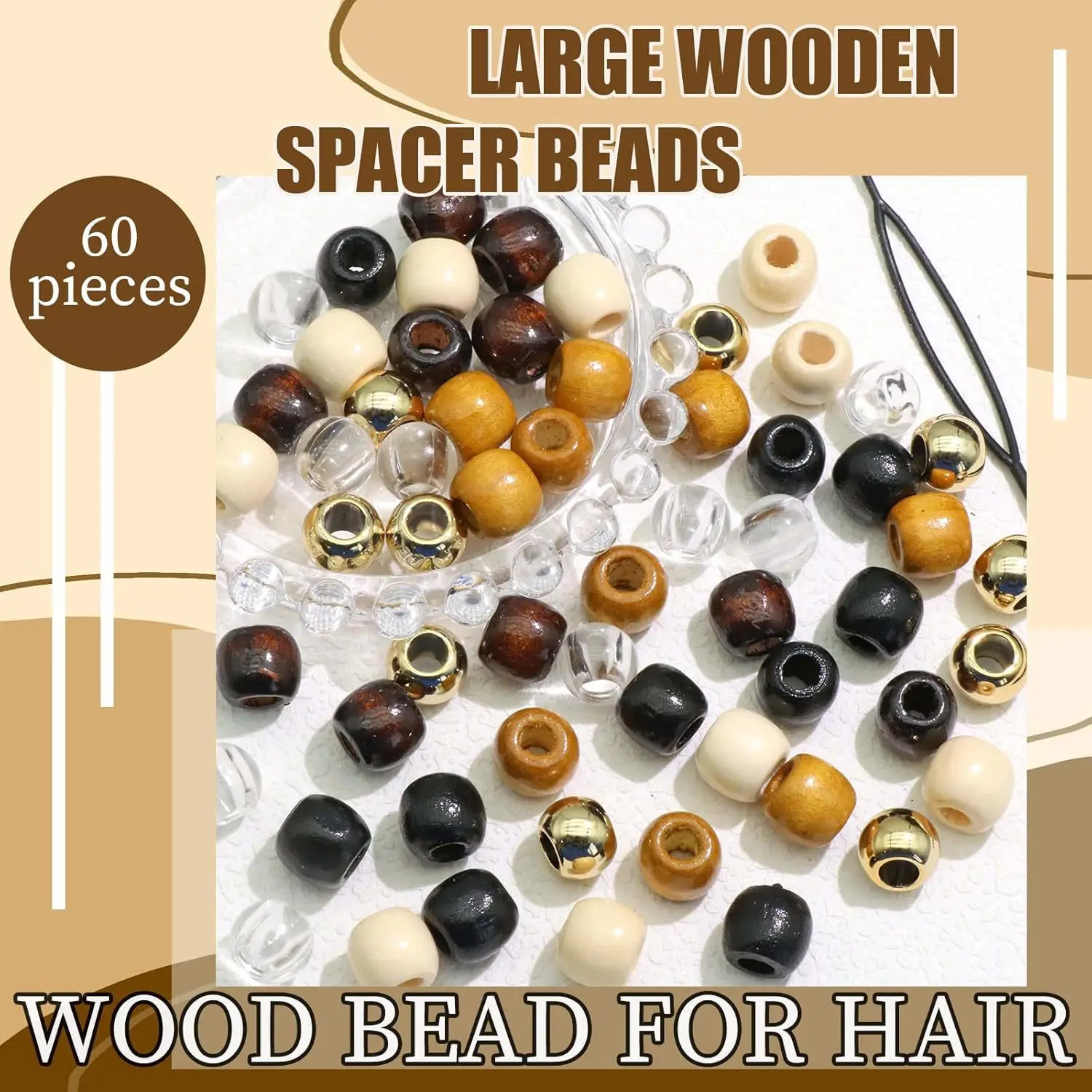60 pièces de perles de cheveux transparentes + perles de dreadlock en bois avec ensemble d'outils de perles-accessoires de bijoux à bricoler soi-même