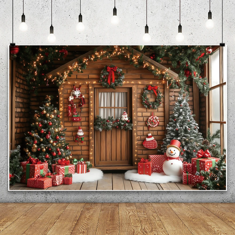벽돌 벽 나무 집 크리스마스 사진 배경 실내 장면 눈사람 크리스마스 나무 화환 어린이 초상화 사진 배경