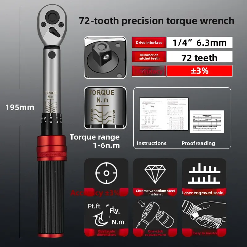 

Torque Torque Wrench Adjustable Quick Torque Wrench Preset Kilogram Wrench 1/4 3/8 1/2 Bicycle Set Ratchet Wrench Tool