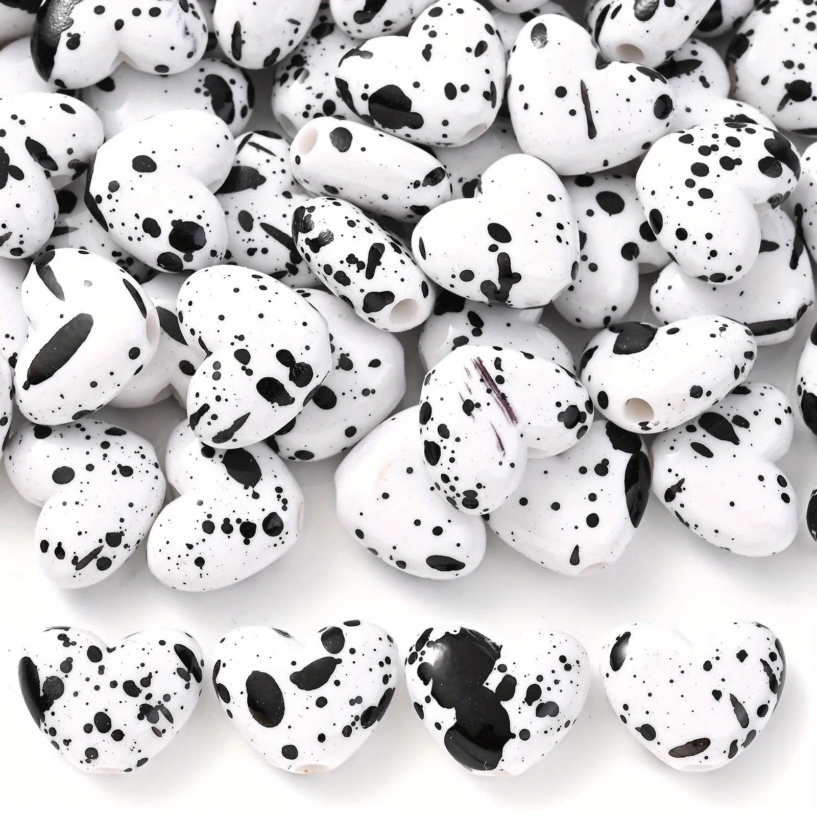 14mm 35pcs Black and White Spray Peach Heart Beads, Suitable for Accessories Such as Bracelets and Necklaces