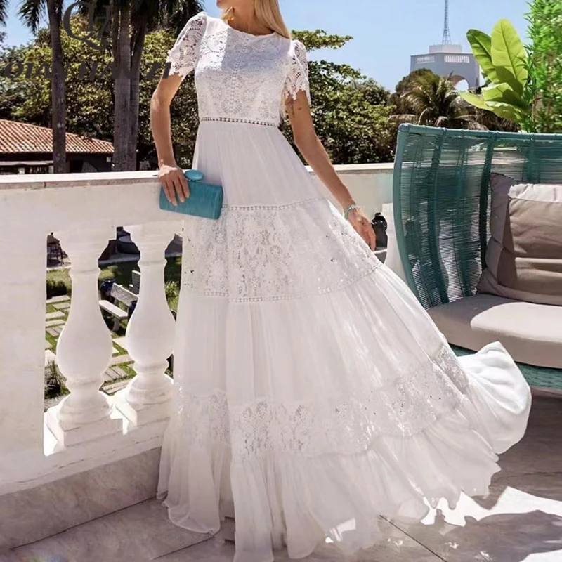 

QHZ Summer designer Fashion woman vacation Maxi Dress Lace hollow Embroider Splicing White Elegant Long dress