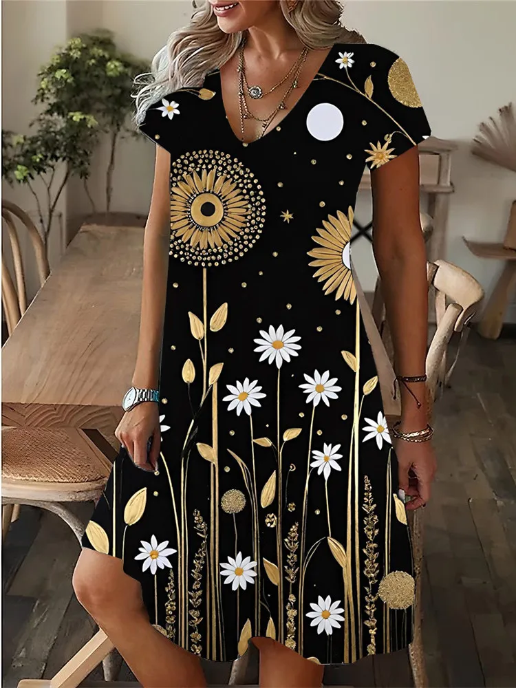 فستان نسائي صيفي جديد لعام 2025 فستان أنيق مثير بياقة على شكل حرف v فضفاض على شكل حرف a عتيق مطبوع عليه زهور وأكمام قصيرة فساتين نسائية غير رسمية للشارع