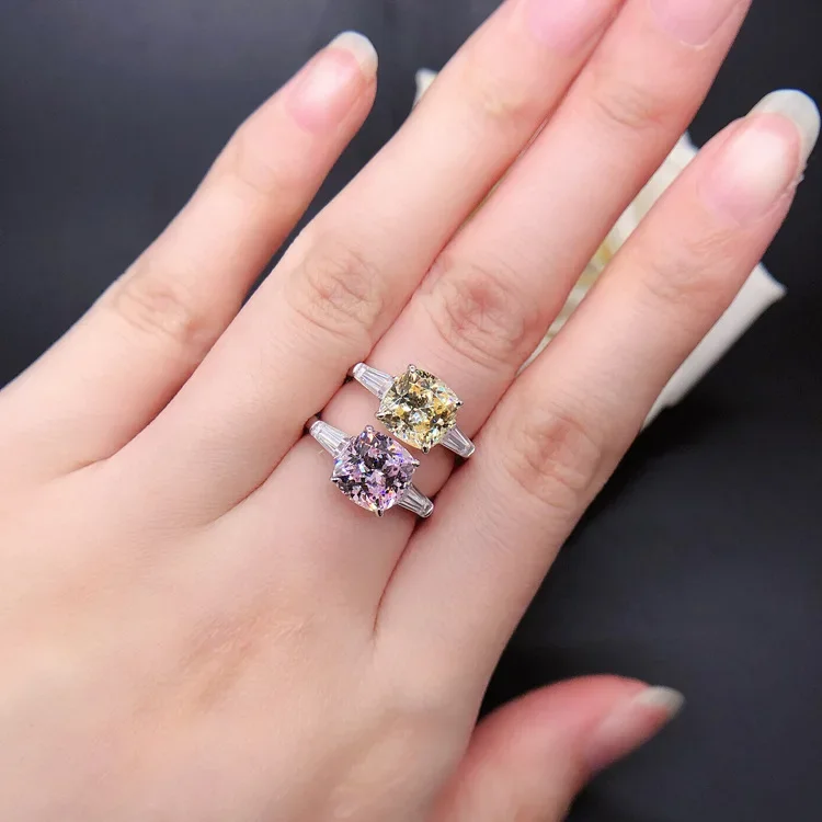 Solid 14K White Gold AU585 Platinum PT950 2.5 Carat Four Claw Fat Square Shaped Yellow/Pink Diamond Ring 14K Gold Ring