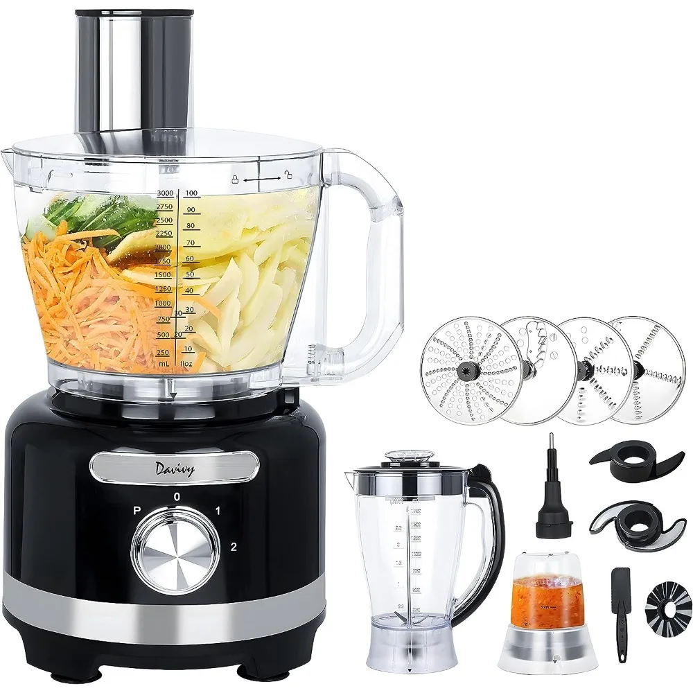 16 Cup Food Processors,10-in-1 Multifunction 3.8L Large Processor Bowl 1.75L Blender 0.25L Wet Grinder,Black,600W