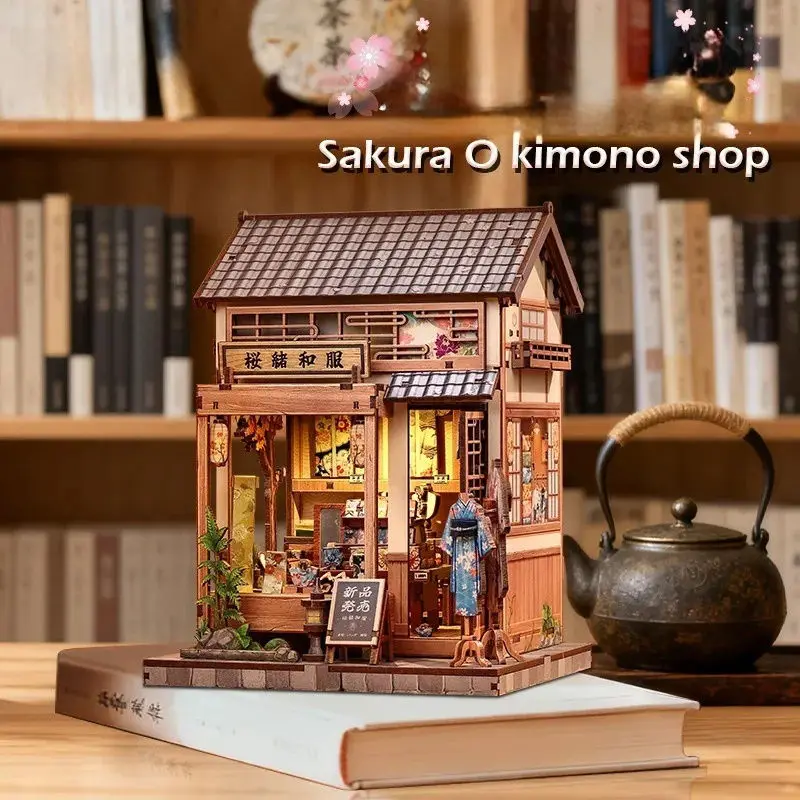 Japanischer 3D DIY Miniatur-Bausatz - Sakura Kimono Szene Montage-Spielzeug, Handgefertigtes Holz-Puppenhaus Kreative Bausteine