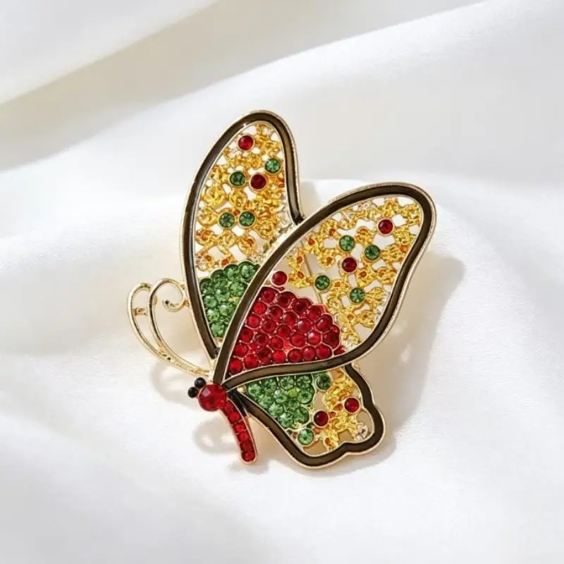 Shiny Rhinestone Butterfly Brooch Gold Plated Frame Red Green Crystals Perfect For Daily Wear Party Outfit