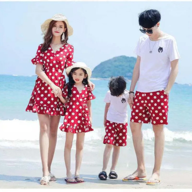 Family Matching Clothes Red and White Polka Dot Mom and Daughter Beach Dresses Dad and Son White T Shirts + Short Two Piece Sets