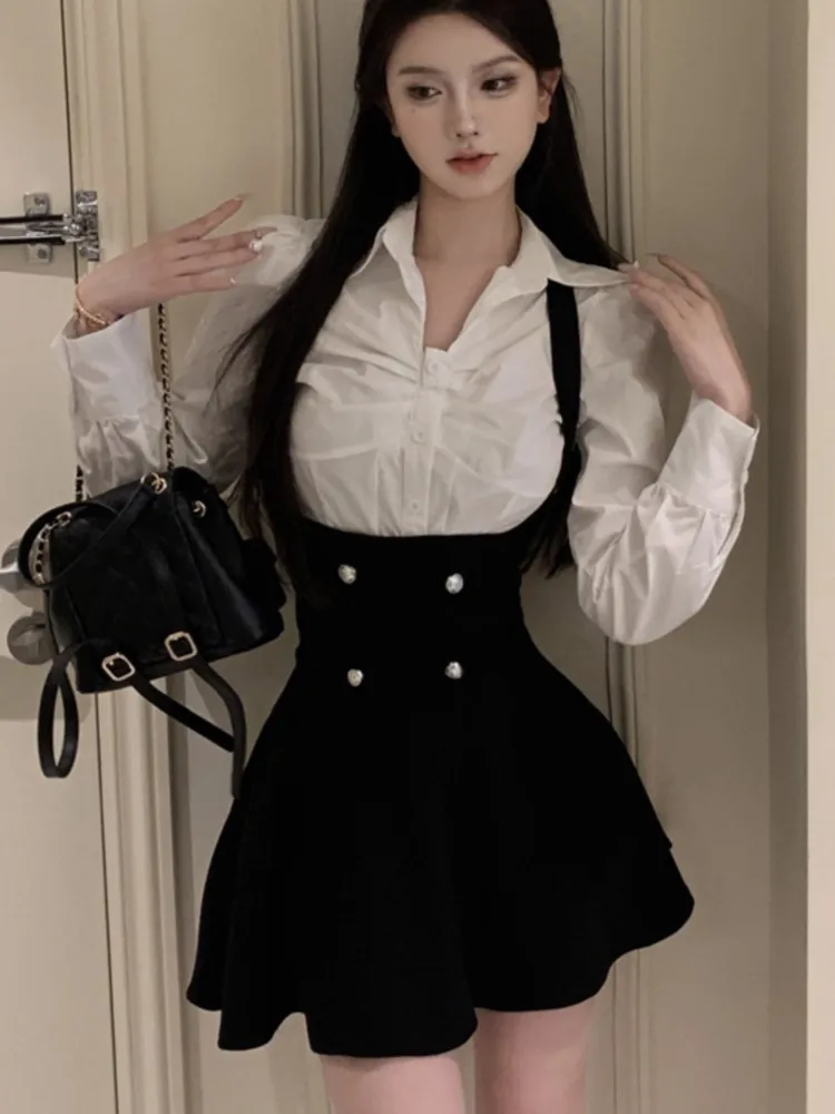 Y2K 3-częściowy zestaw damski Cropped Coat Long Sleeve Shirt High Waist Halter Mini Dress Korean Chic Fashion Autumn Sexy Outfits New