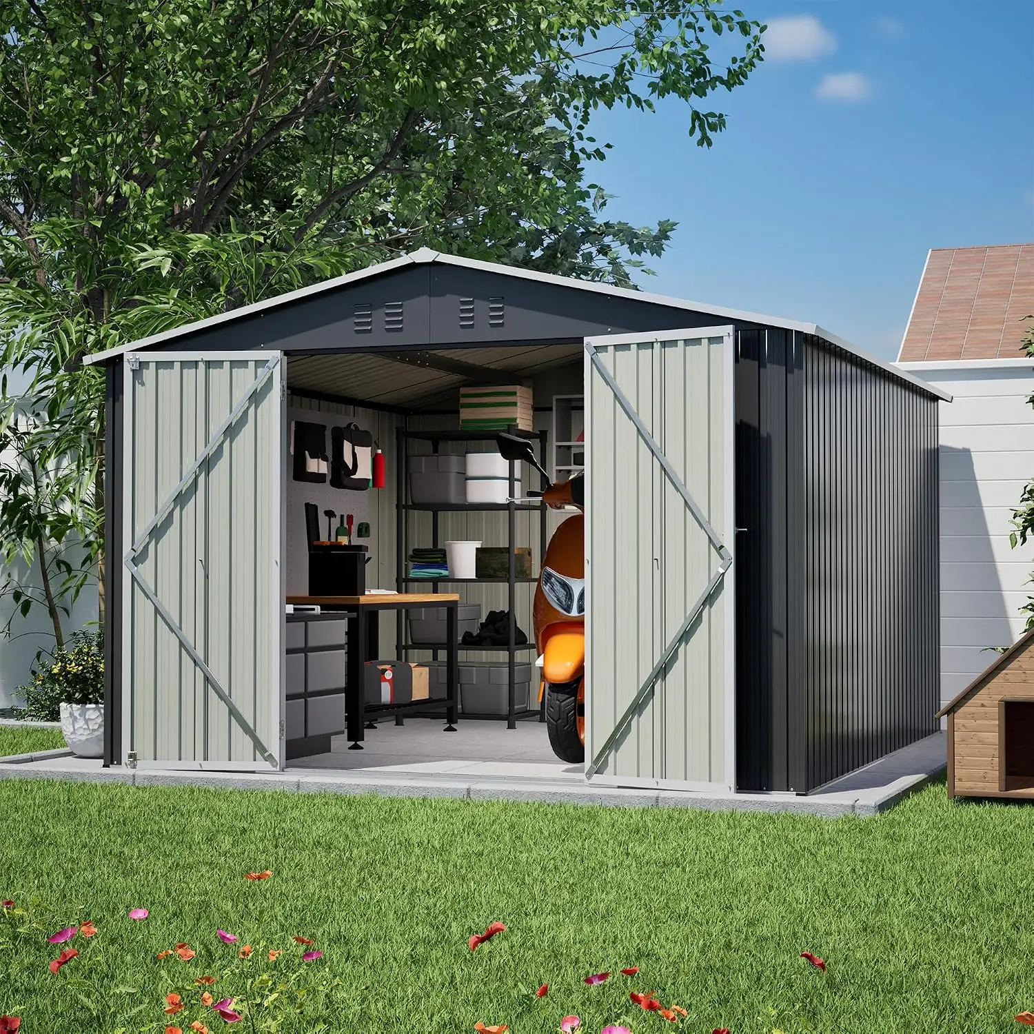 10x10 Heavy Duty Metal Storage Shed with Dual Locking Doors, Customized