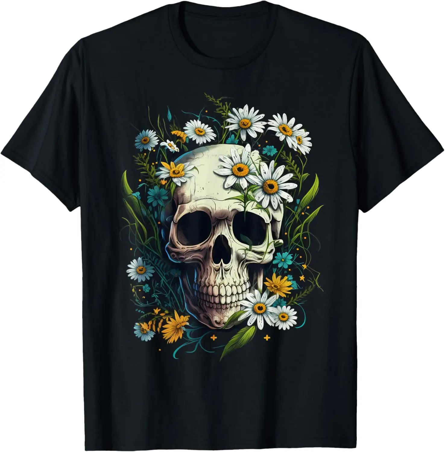 Floral Daisy Flower Skull on Skeleton Daisy Flower T-Shirt