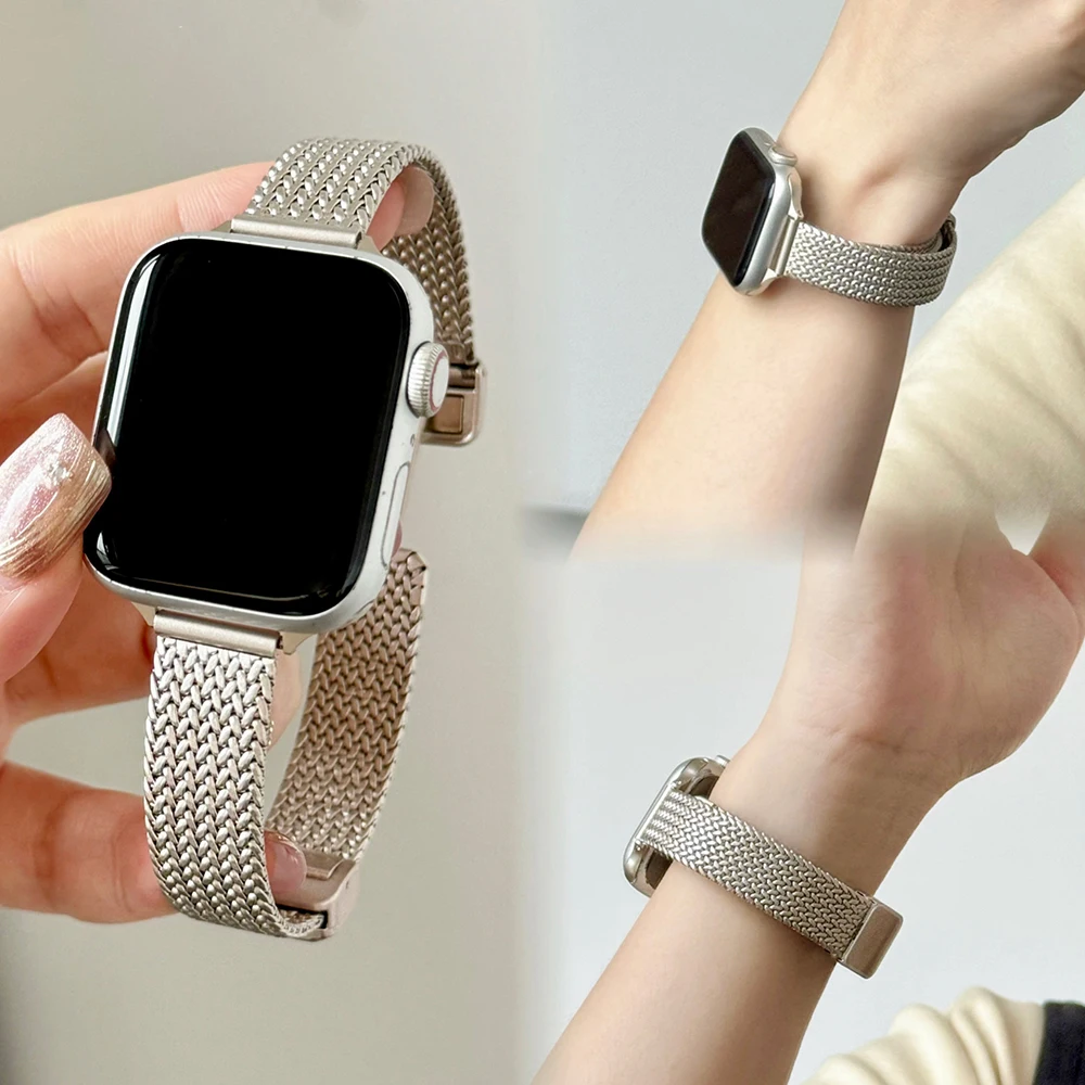 Bracelete de Metal Feminino para Apple Watch, Pulseira iWatch Magnética Dourada Fina, Ultra 10 Band, 9, 8, 46mm, 7, SE, 6, 5, 41mm, 45mm, 42