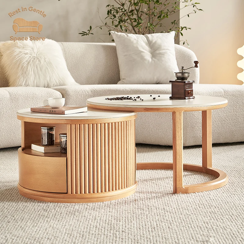 Small apartment simple rock slab solid wood coffee table size round combination Nordic log style home living room storage