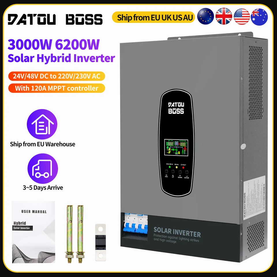 DATOUBOSS 6200W Hybrid Wechselrichter 48V DC Auf 230V AC – Reiner Sinus Mit 110A MPPT, LCD-Display, Für Wohnmobil, Boot & Notstrom