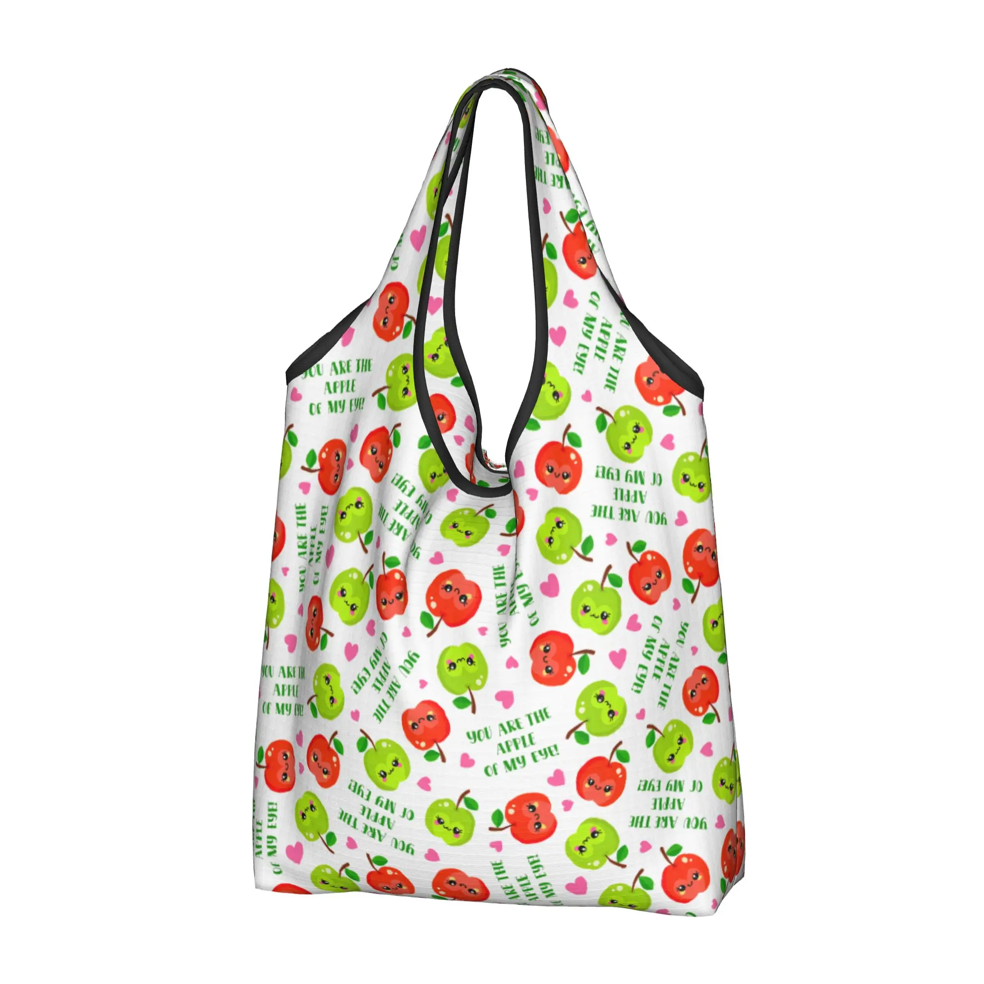 Custom Kawaii Apple Cute Faces  Shopping Bags Women Portable Big Capacity Grocery Seamless Pattern Shopper Tote Bags