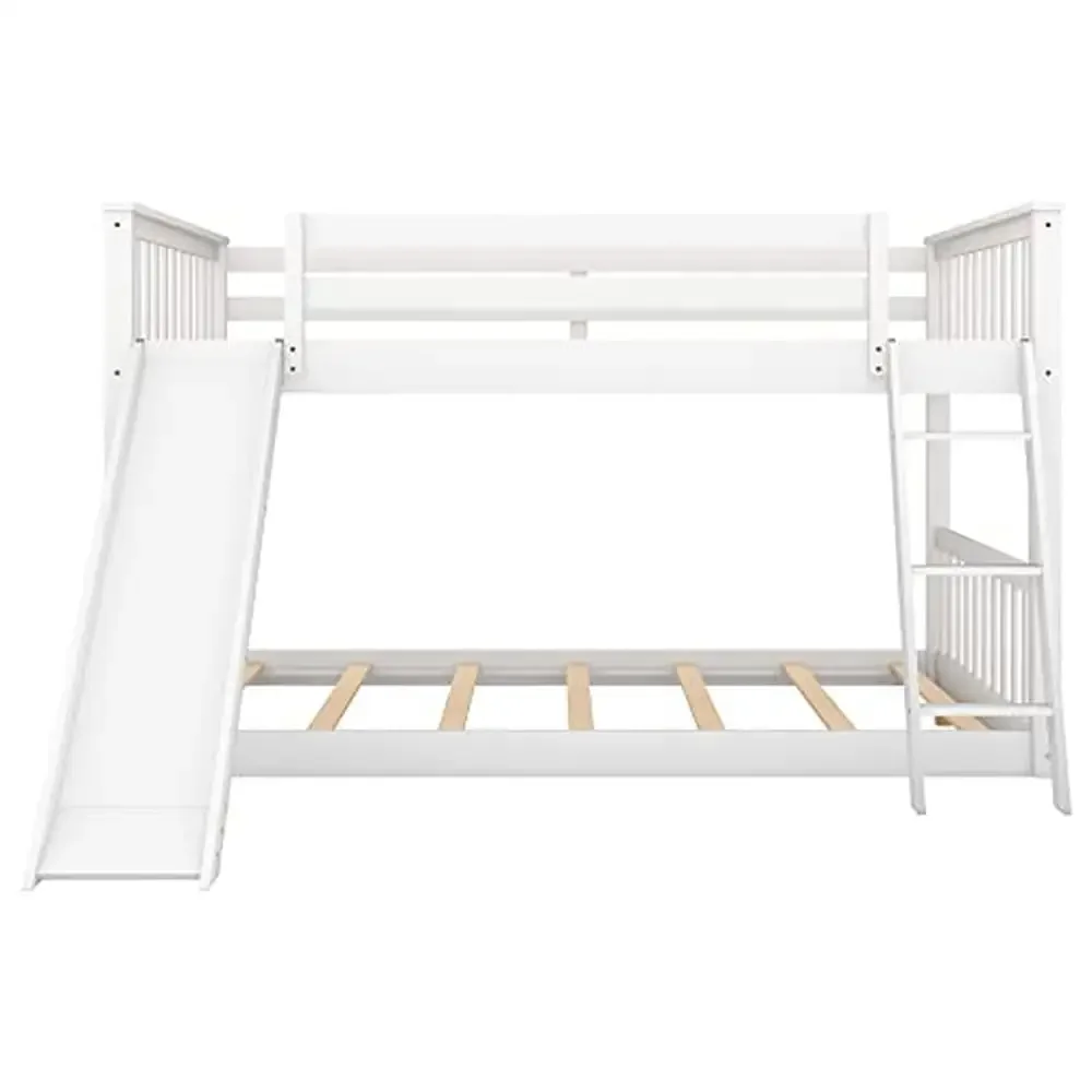 Full Low Bunk Bed with Slide and Ladder Kids Boys Girls White Pine Wood Convertible Floor Bunk Bed Modern Design No Box Spring