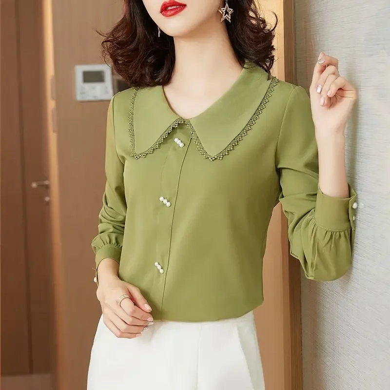 

Fashion Commute Peter Pan Collar Blouse Elegant Lace Spliced Spring Solid Color Korean Female Clothing Chic Pearl Beading Shirt