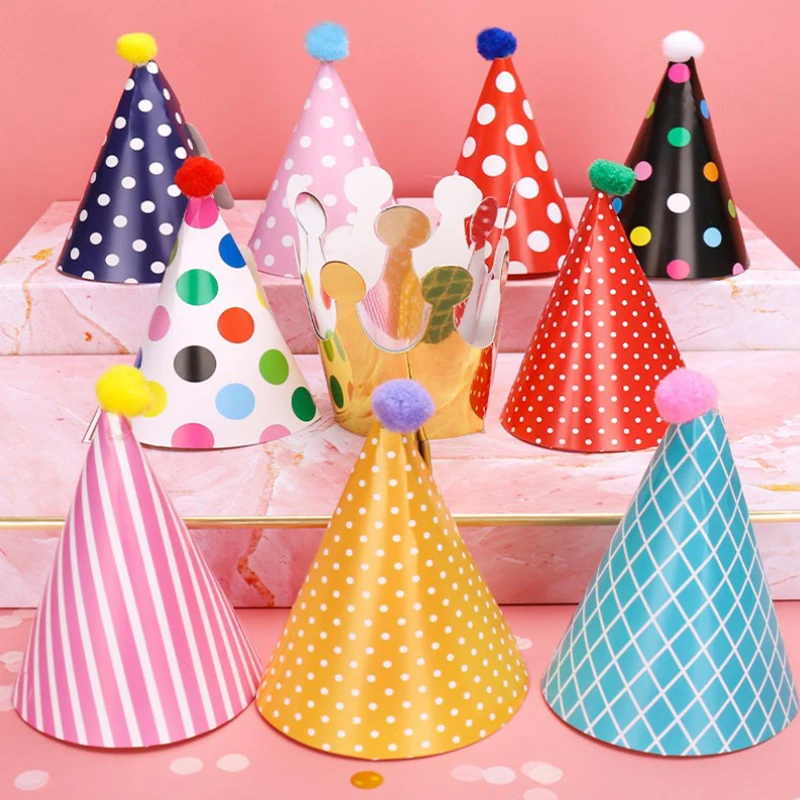 11Pcs/Bag Happy Birthday Party Hats Polka Dot DIY Handmade Cap Crown Baby Shower Decoration Boy Girl Birthday Party Photo Props