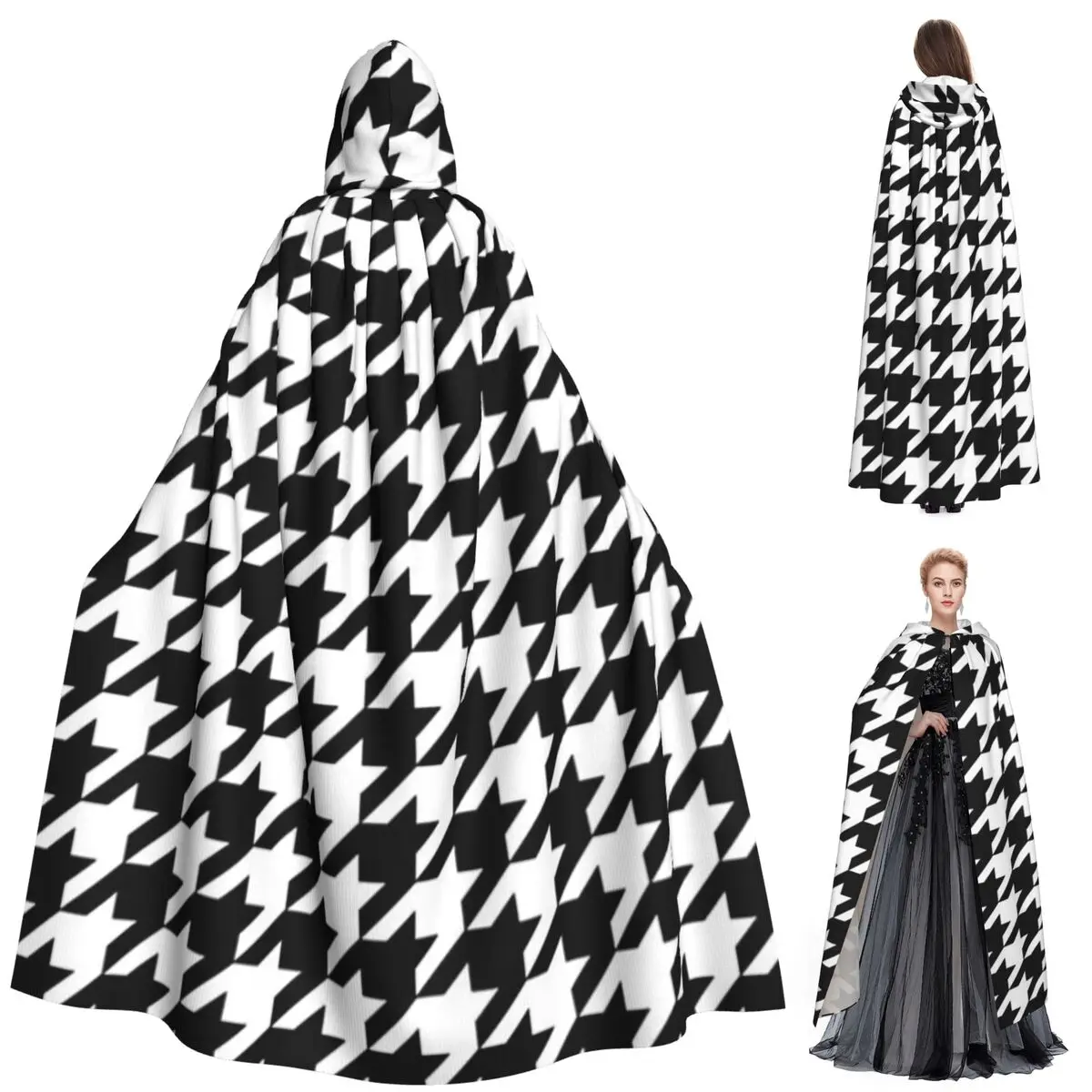 

Длинный плащ с капюшоном и черно-белым узором «гусиные лапки», средневековый костюм ведьмы, накидка для косплея, вечеринка на Хэллоуин для взрослых, унисекс